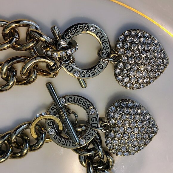 Set Guess Puffed Heart Charm Pave Rhinestone Toggle Chunky Choker & Bracelet - Picture 1 of 5
